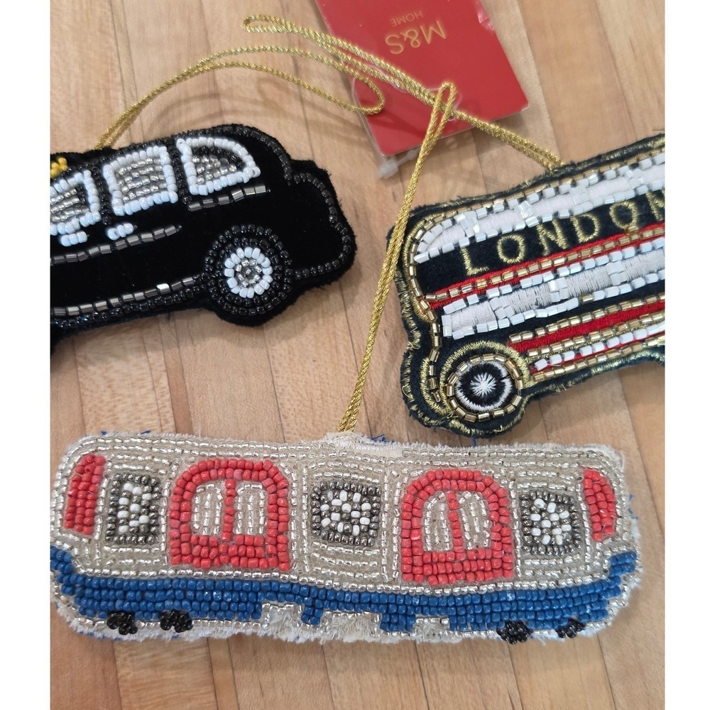 NWT set 3 London souvenir Transport Beaded Christmas Ornaments Taxi Bus Train - Picture 7 of 7